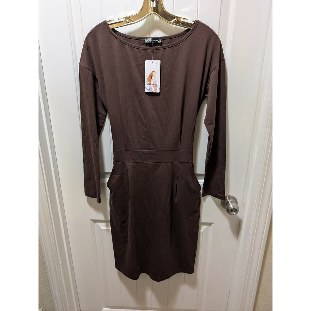 NEW Pretty Garden Bodycon Midi Dress Women's M Brown Long Sleeve Belted Pockets - Picture 2 of 9